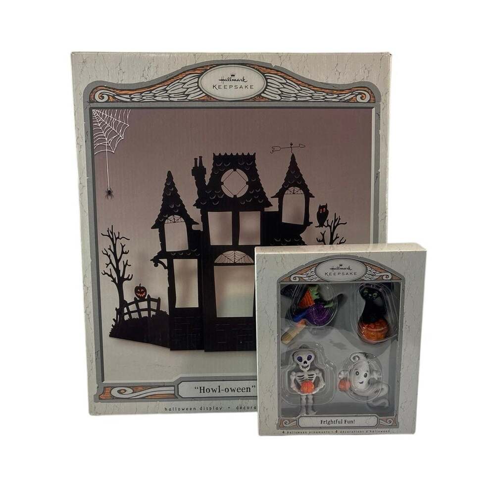 2007 Hallmark Keepsake Howl-Oween House Metal Display & Frightful Fun Ornaments